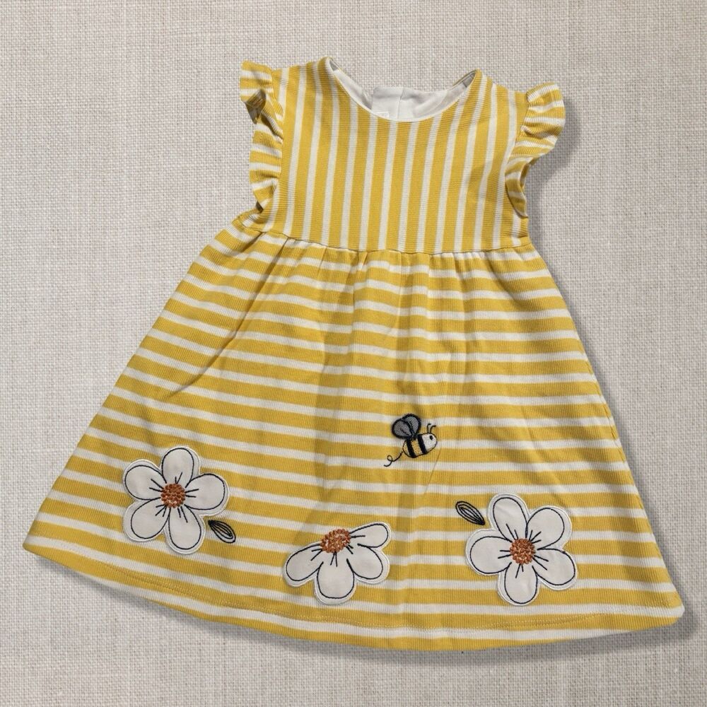 Mayoral Yellow White Stripe Bee Floral Applique Dress 18M Spring Easter